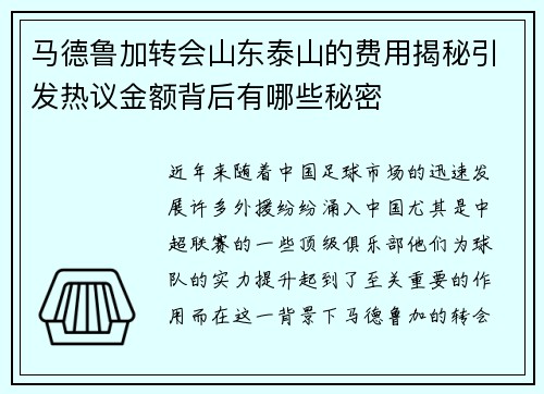 马德鲁加转会山东泰山的费用揭秘引发热议金额背后有哪些秘密 马德鲁加转会山东泰山的费用揭秘引发热议金额背后有哪些秘密