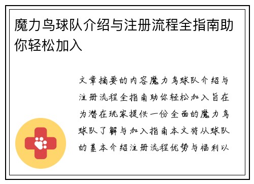 魔力鸟球队介绍与注册流程全指南助你轻松加入